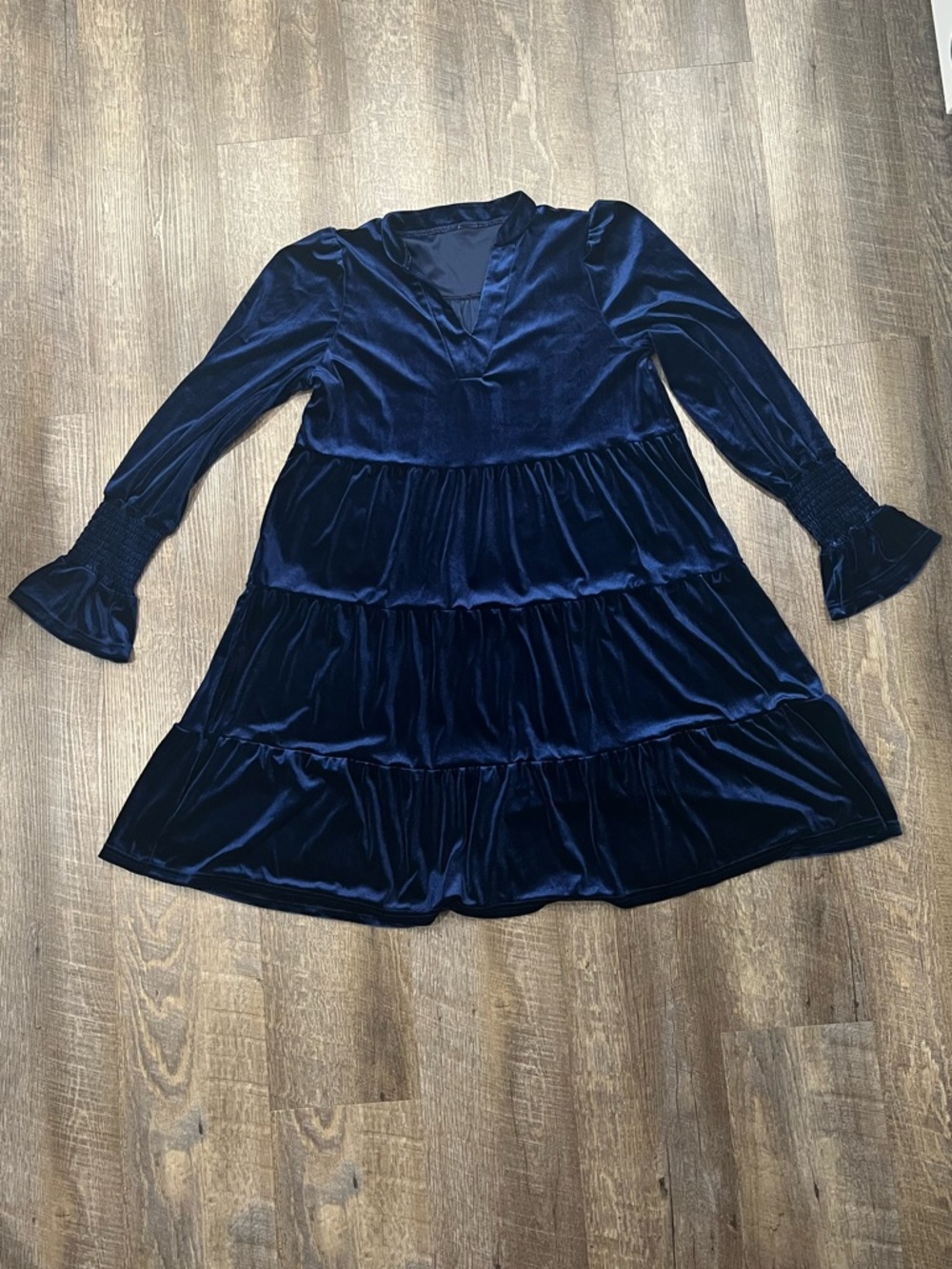Navy Velvet Tiered Dress - Classic Long Sleeve